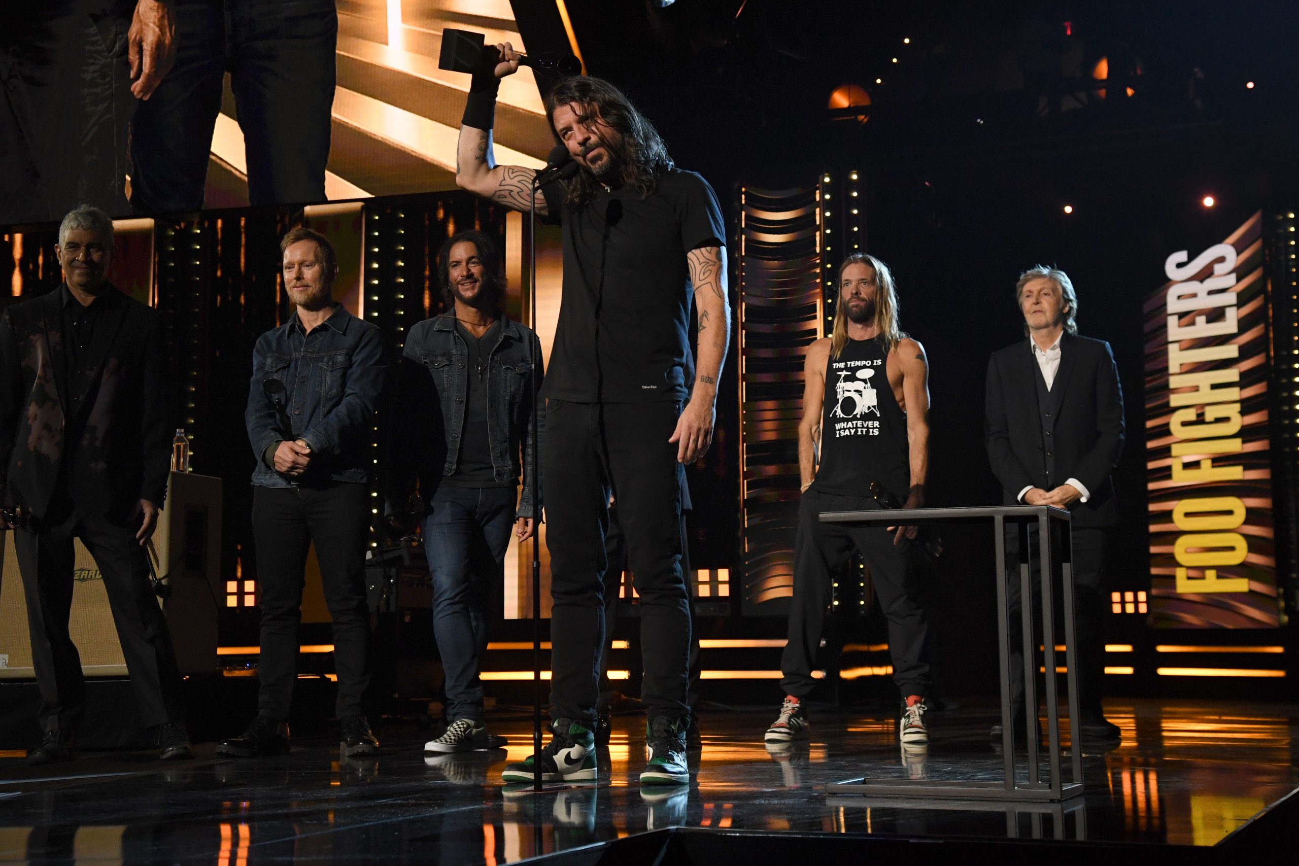 CLEVELAND, OHIO - OCTOBER 30: Inductee Dave Grohl of Foo Fighters speaks onstage during the 36th Annual Rock & Roll Hall Of Fame Induction Ceremony at Rocket Mortgage Fieldhouse on October 30, 2021 in Cleveland, Ohio. (Photo by Kevin Mazur/Getty Images for The Rock and Roll Hall of Fame )