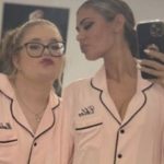 Chloe Sims and Maddie pose in matching pyjamas