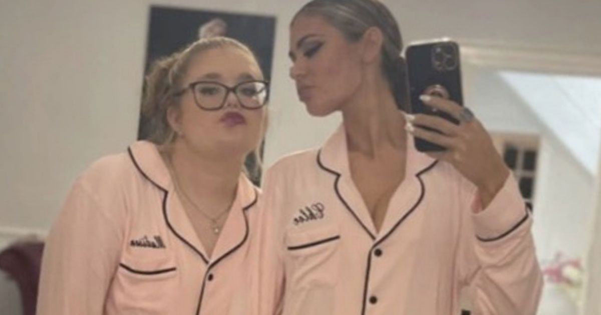 Chloe Sims and Maddie pose in matching pyjamas