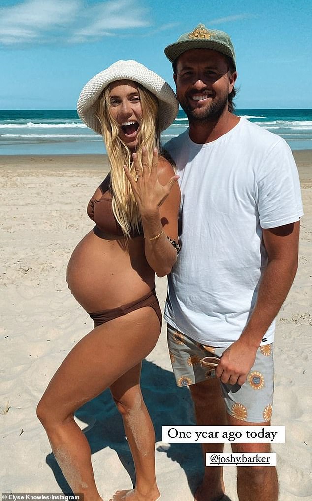 Recuerdos: Elyse Knowles, de 29 años, celebró un año desde que se comprometió con el novio Josh Barker el lunes, con dulces fotos retrospectivas de la propuesta en la playa compartidas en sus Historias de Instagram (ambos en la foto)