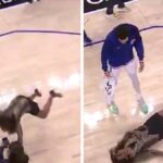 La reportera de la NBA Kristina Pink aterriza de frente en la cancha después de resbalar en el agua