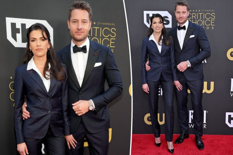 Justin Hartley y su esposa visten trajes a juego en los Critics' Choice Awards