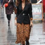 Avance de la moda: Myleene Klass, de 41 años, mostró su elegante sentido del estilo con un vestido con estampado animal y una chaqueta negra cuando salía de los estudios Smooth Radio en Leicester Square de Londres el viernes.