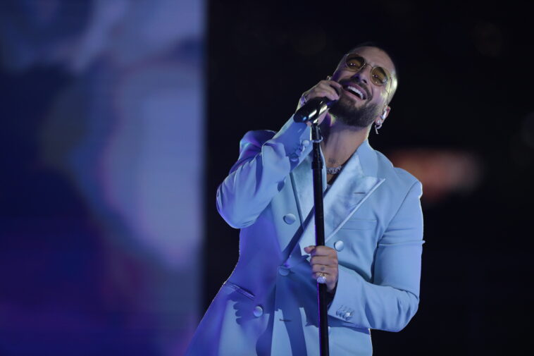 Maluma performs during a live concert taping singing the songs from the soundtrack of 'Marry Me' on the roof deck of the Academy Museum Terrace in Los Angeles, CA on Monday, February 7, 2022 (Photo: Cody Rappaport/ABImages) via AP Images