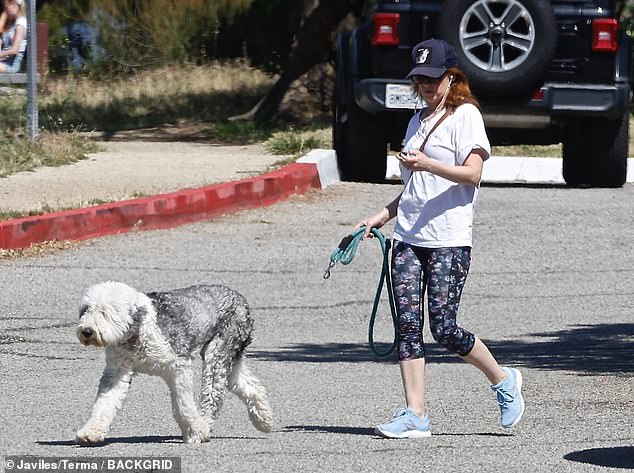 Fuera de casa: la actriz Isla Fisher, de 46 años, (en la foto) mostró una figura relajada con mallas y una camiseta mientras sacaba a pasear a su perra Maisy en Los Ángeles el sábado.