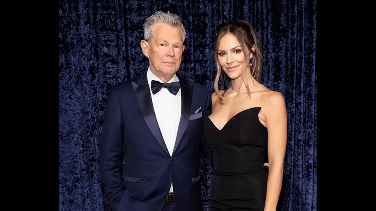 Clive Davis' 90th birthday party, Katherine McPhee, wore a black strapless dress with David Foster