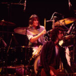 American Rock and Pop musicians Stan Lynch (left), on drums, and Mike Campbell (foreground), on guitar, both of the group Tom Petty and the Heartbreakers, perform onstage during the 'Damn the Torpedoes' tour at the Palladium, New York, New York, November 11, 1979. (Photo by Gary Gershoff/Getty Images)