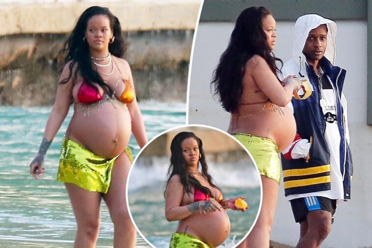Rihanna embarazada luce bikini de lentejuelas con A$AP Rocky