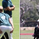 El príncipe Harry se estira para jugar al polo con Meghan mirando