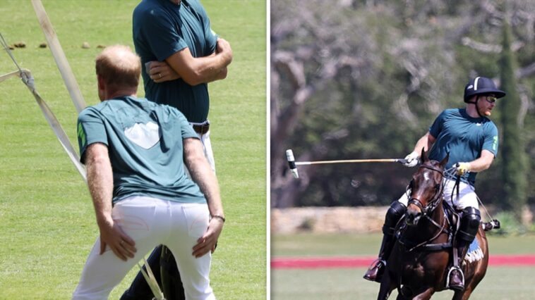 El príncipe Harry se estira para jugar al polo con Meghan mirando