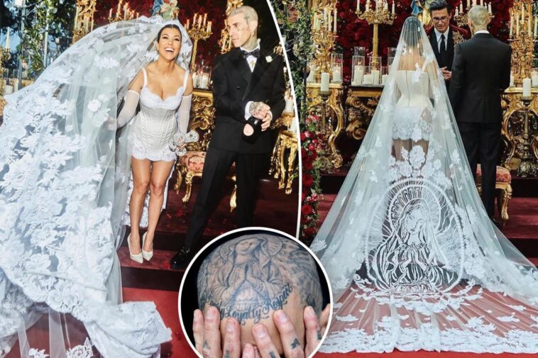 El velo de novia de Kourtney Kardashian hizo un guiño al tatuaje de la cabeza de Travis Barker