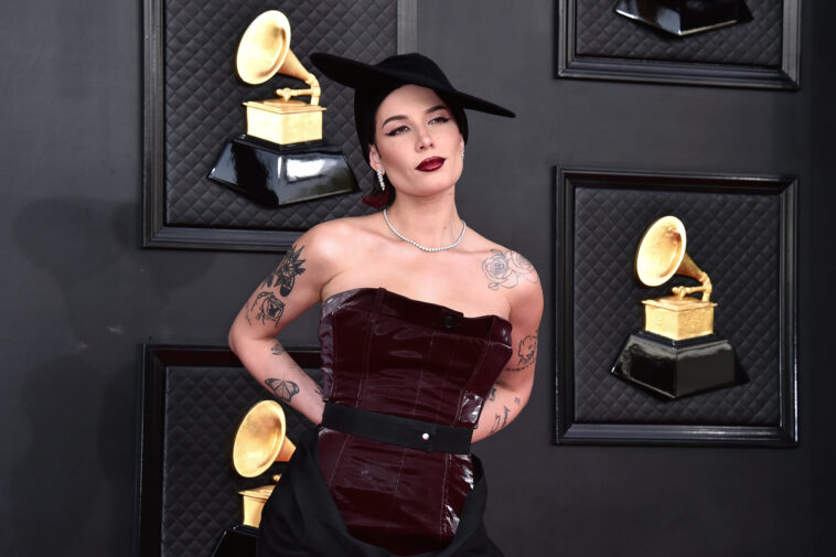 Halsey arrives at the 64th Annual Grammy Awards at the MGM Grand Garden Arena on Sunday, April 3, 2022, in Las Vegas. (Photo by Jordan Strauss/Invision/AP)