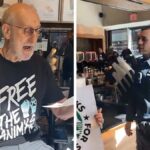 James Cromwell pega la mano con superpegamento al mostrador de Starbucks para la protesta de PETA