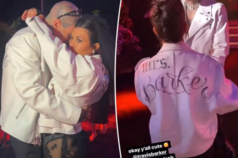 Kourtney Kardashian y Travis Barker visten chaquetas a juego en la recepción de la boda