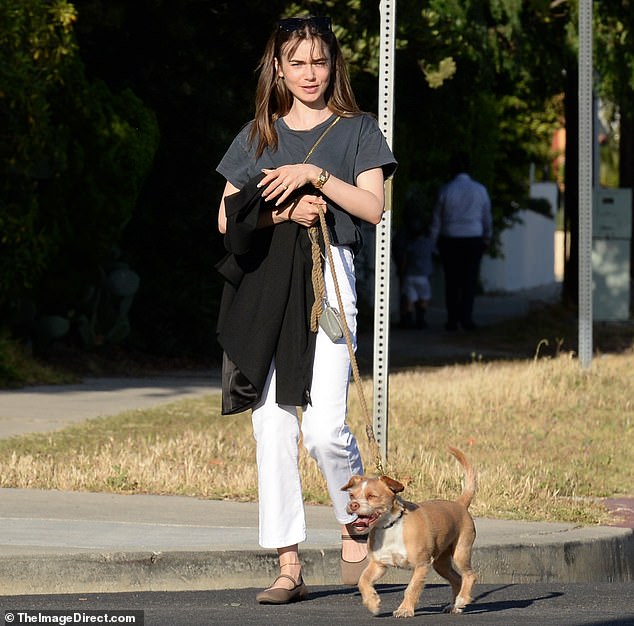 Saliendo: Lily Collins, de 33 años, fue vista mientras paseaba a su perro Redford en West Hollywood el miércoles por la tarde.