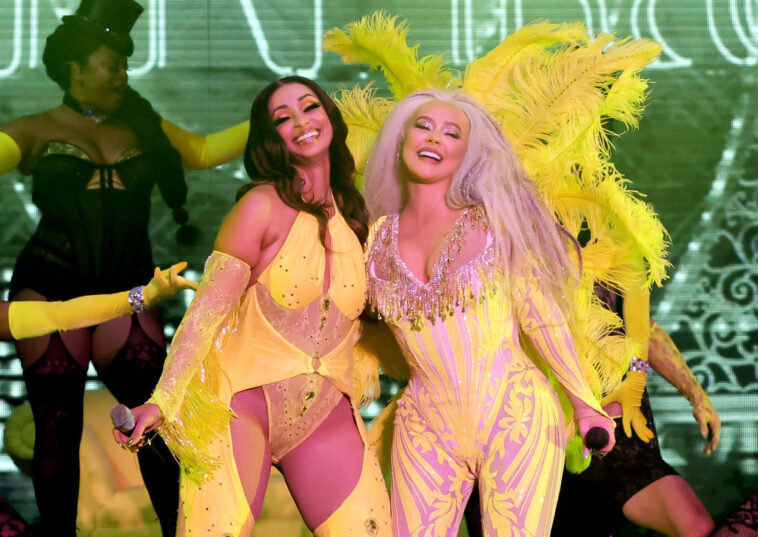 LOS ANGELES, CALIFORNIA - JUNE 11: (L-R) Mya and Christina Aguilera perform onstage during LA Pride's Official In-Person Music Event "LA Pride In The Park" Presented by Christopher Street West (CSW) at Los Angeles Historical Park on June 11, 2022 in Los Angeles, California. (Photo by Emma McIntyre/Getty Images)