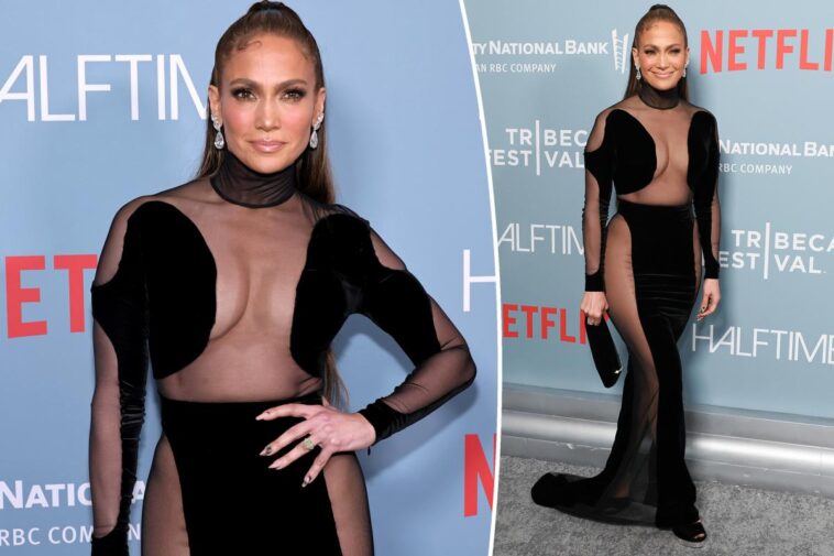 Jennifer Lopez luce un vestido transparente en el estreno de 'Halftime'