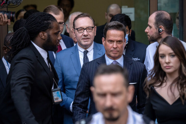 LONDON, ENGLAND - JUNE 16: Actor Kevin Spacey leaves Westminster Magistrates Court on June 16, 2022 in London, England. The Hollywood actor faces four counts of sexual assault against three men and one count of causing a person to engage in penetrative sexual activity without consent. The charges follow a review of evidence gathered by the Metropolitan Police. (Photo by Carl Court/Getty Images)