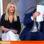 Matt Doran, de 38 años, de Channel Seven, descartó su guión y se fue del set de Weekend Sunrise durante un error en el aire en el episodio del domingo.  En la foto con la coanfitriona Sally Bowrey