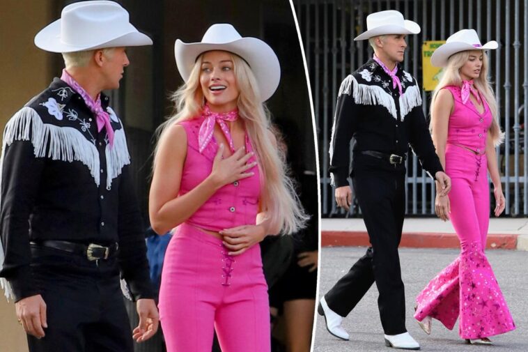 Ryan Gosling y Margot Robbie coinciden en el set de la película 'Barbie'