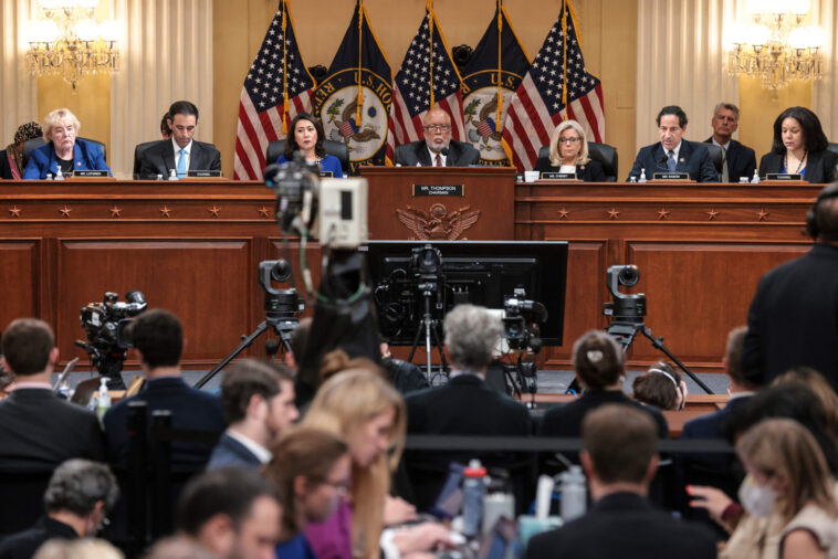 Committee Chairman Rep. Bennie Thompson (D-MS) and Vice Chair Rep. Liz Cheney (R-WY) lead the seventh hearing held by the committee hearing on "the January 6th Investigation," on Capitol Hill on July 12, 2022, in Washington, DC. - The House committee probing the 2021 assault on the US Capitol is examining connections between associates of former US President Donald Trump and far right-wing extremist groups at its seventh hearing on Tuesday. (Photo by Oliver Contreras / AFP) (Photo by OLIVER CONTRERAS/AFP via Getty Images)