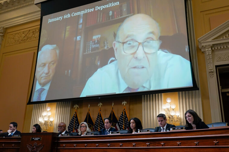 A video deposition from Rudy Giuliani is shown as the House select committee investigating the Jan. 6 attack on the U.S. Capitol holds a hearing at the Capitol in Washington, Tuesday, July 12, 2022. (AP Photo/J. Scott Applewhite)