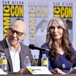 Patrick Stewart and Gates McFadden speak onstage during the "Star Trek: Picard" panel in Hall H at the 2022 Comic-Con International held at the San Diego Convention Center on July 23, 2022 in San Diego, California.  (Photo by Michael Buckner/Variety via Getty Images)