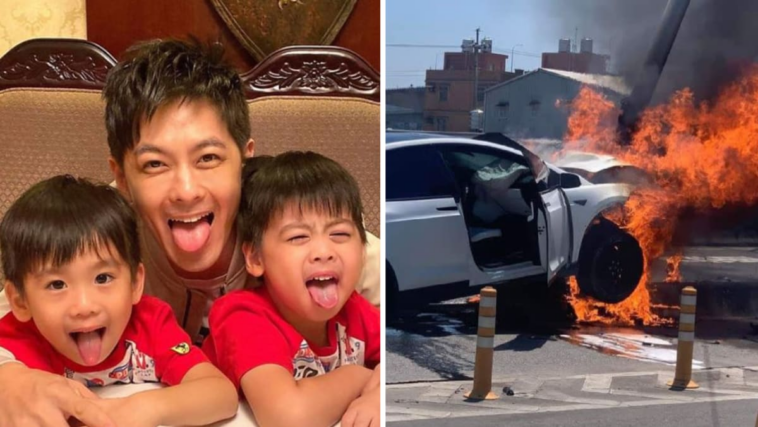 El Tesla de Jimmy Lin se incendió después de estrellarse contra un poste indicador, el cantante y su hijo de 6 años estaban en el automóvil cuando ocurrió el accidente