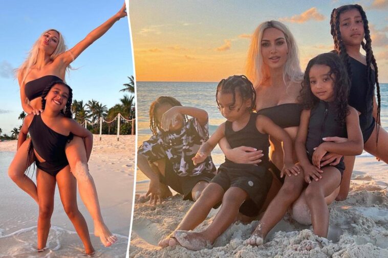 Kim Kardashian tiene sesión de fotos en la playa con sus hijos