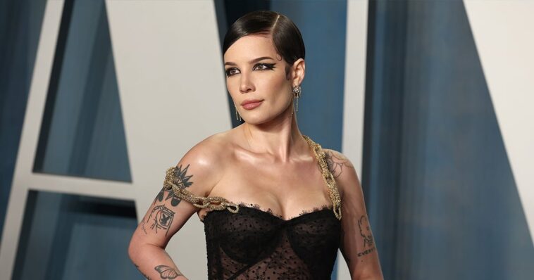 La parte superior del corsé de malla de Halsey viene con guantes de ópera adjuntos