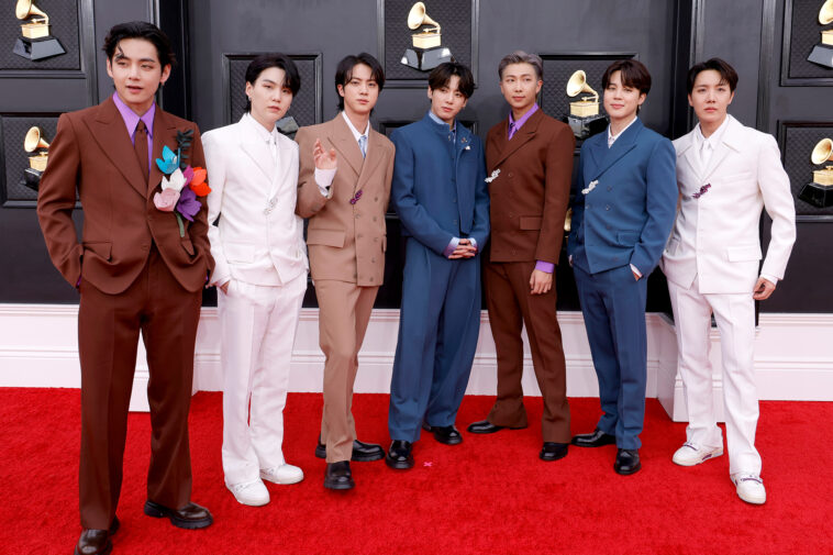 LAS VEGAS, NEVADA - APRIL 03: (L-R) V, Suga, Jin, Jungkook, RM, Jimin and J-Hope of BTS attend the 64th Annual GRAMMY Awards at MGM Grand Garden Arena on April 03, 2022 in Las Vegas, Nevada. (Photo by Frazer Harrison/Getty Images for The Recording Academy)