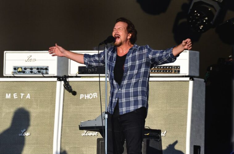 LONDON, ENGLAND - JULY 09: (EDITORIAL USE ONLY) Eddie Vedder of Pearl Jam headlines the Great Oak Stage as American Express presents BST Hyde Park at Hyde Park on July 09, 2022 in London, England. (Photo by Gus Stewart/Redferns)