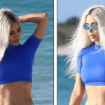 Slim Kim Kardashian en un traje de baño azul en la playa encanta a los fanáticos