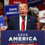 ANCHORAGE, ALASKA - JULY 09: Former U.S. President Donald Trump speaks during a "Save America" rally at Alaska Airlines Center on July 09, 2022 in Anchorage, Alaska. Former President Donald Trump held a "Save America" rally in Anchorage where he campaigned with U.S. House candidate former Alaska Gov. Sarah Palin and U.S. Senate candidate Kelly Tshibaka.  (Photo by Justin Sullivan/Getty Images)