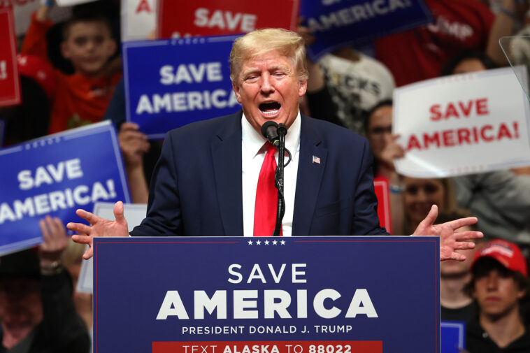 ANCHORAGE, ALASKA - JULY 09: Former U.S. President Donald Trump speaks during a "Save America" rally at Alaska Airlines Center on July 09, 2022 in Anchorage, Alaska. Former President Donald Trump held a "Save America" rally in Anchorage where he campaigned with U.S. House candidate former Alaska Gov. Sarah Palin and U.S. Senate candidate Kelly Tshibaka.  (Photo by Justin Sullivan/Getty Images)