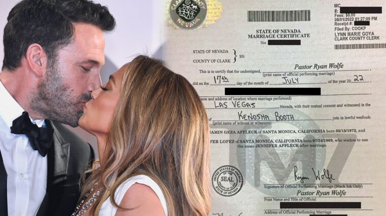 Acta de matrimonio de Ben Affleck y Jennifer Lopez de boda en Las Vegas