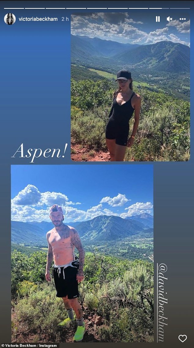 Divirtiéndose: David Beckham se burló del 'acento dudoso' de su esposa Victoria el viernes mientras la pareja disfrutaba de una caminata en Aspen, Colorado
