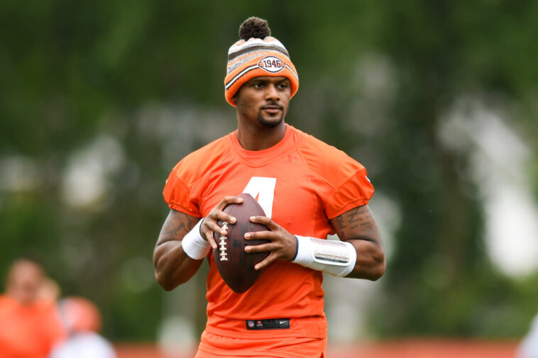BEREA, OH - JUNE 14: Deshaun Watson #4 of the Cleveland Browns runs a drill during the Cleveland Browns mandatory minicamp at CrossCountry Mortgage Campus on June 14, 2022 in Berea, Ohio. (Photo by Nick Cammett/Diamond Images via Getty Images)