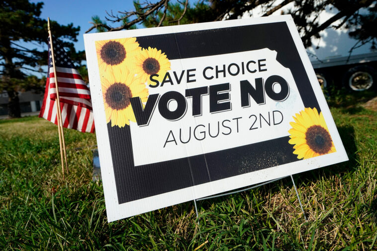 Olathe, KANSAS - AUGUST 01: A Vote No to a Constitutional Amendment on Abortion sign is on display outside a polling station on August 01, 2022 in Olathe, Kansas.  On August 2, voters will vote on whether or not to remove protection for abortion from the state constitution. (Photo by Kyle Rivas/Getty Images)