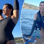 Kourtney Kardashian usa los guantes de natación de su hermana Kim