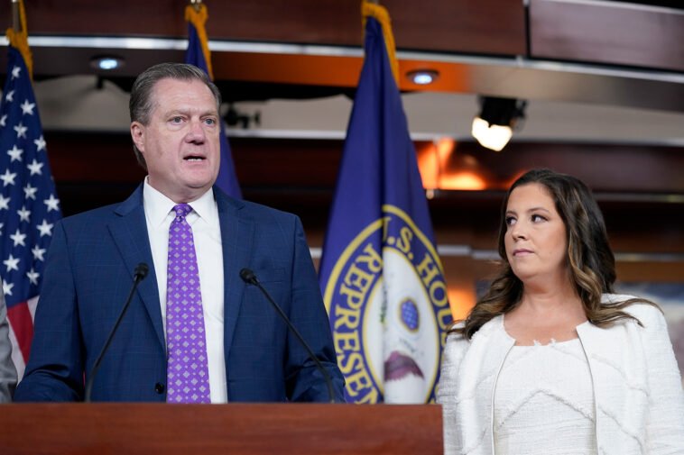 House Intelligence Committee ranking member Rep. Mike Turner, R-Ohio, left, speaks during a news conference on Capitol Hill in Washington, Friday, Aug. 12, 2022, on the FBI serving a search warrant at former President Donald Trump's home in Florida. Rep. Elise Stefanik, R-N.Y., listens at right. (AP Photo/Susan Walsh)