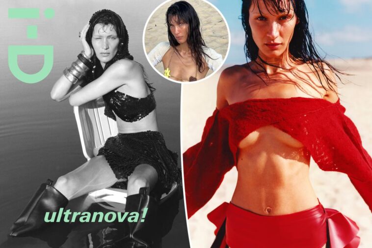 Bella Hadid modela un top de bikini de cadena apenas visible en la playa