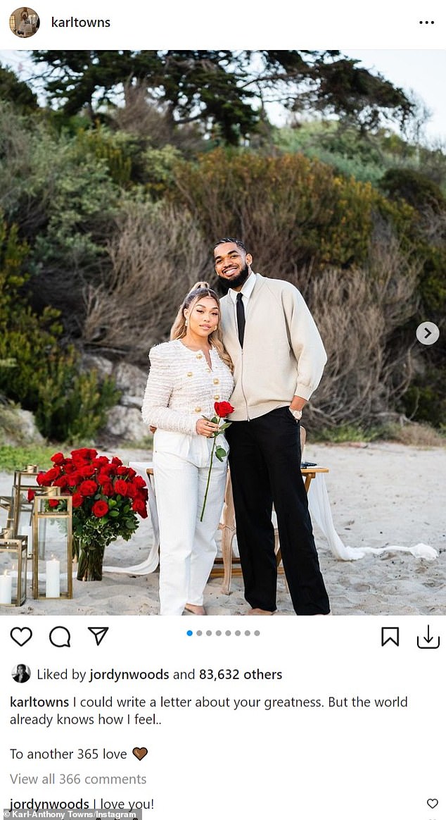 Deseo de cumpleaños: Karl-Anthony Towns, de 26 años, le envió a su novia, Jordyn Woods, un dulce mensaje de cumpleaños para celebrar su 25 cumpleaños el viernes, compartiendo fotos de ellos juntos en Instagram.