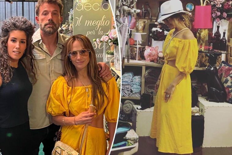 El vestido amarillo de luna de miel de Jennifer Lopez está a mitad de precio en Saks