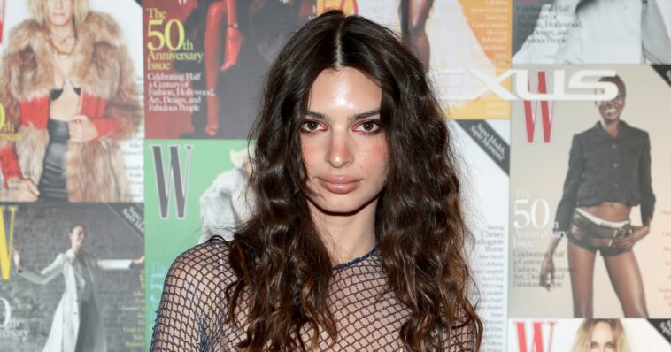 El vestido de rejilla completamente transparente de Emily Ratajkowski está cubierto de pequeñas lentejuelas