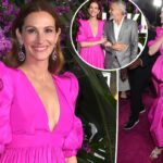 Julia Roberts viste un vestido rosa en el estreno con George Clooney