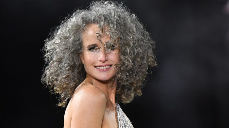 Los rizos plateados naturales de Andie MacDowell deben fijarse en su tablero de humor Hair-spo