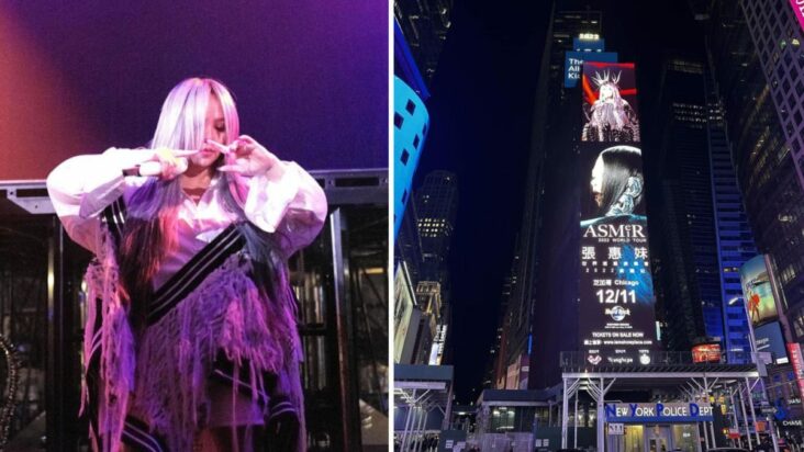 el cantinero beau de a-mei tiene un momento de novio orgulloso cuando la ve en una valla publicitaria en times square de nueva york